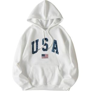 imageFloerns Womens Letter Graphic Print Long Sleeve Drawstring Hoodie SweatshirtWhite Flag