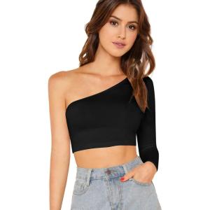 imageFloerns Womens One Shoulder Long Sleeve Tee Shirt Crop TopsA Black