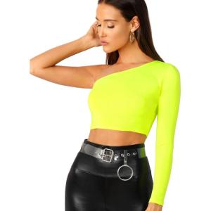 imageFloerns Womens One Shoulder Long Sleeve Tee Shirt Crop TopsB Chartreuse
