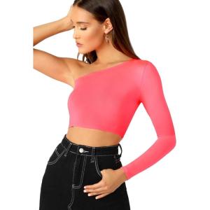 imageFloerns Womens One Shoulder Long Sleeve Tee Shirt Crop TopsB Rose