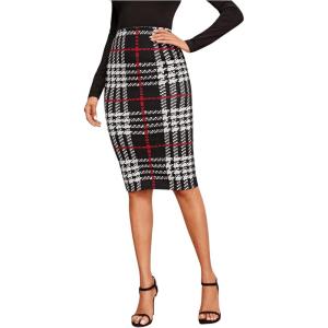 imageFloerns Womens Plaid Print High Waist Knee Length Bodycon Pencil SkirtA Black Red