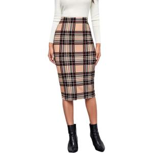 imageFloerns Womens Plaid Print High Waist Knee Length Bodycon Pencil SkirtBeige Plaid