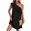 imageFloerns Womens One Shoulder Tiered Layered Sleeveless Ruffle Trim Tunic DressBlack Solid