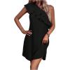imageFloerns Womens One Shoulder Tiered Layered Sleeveless Ruffle Trim Tunic DressBlack Solid