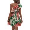 imageFloerns Womens One Shoulder Tiered Layered Sleeveless Ruffle Trim Tunic DressGreen and Orange