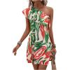 imageFloerns Womens One Shoulder Tiered Layered Sleeveless Ruffle Trim Tunic DressGreen and Orange