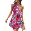 imageFloerns Womens One Shoulder Tiered Layered Sleeveless Ruffle Trim Tunic DressPink Multi