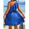 imageFloerns Womens One Shoulder Tiered Layered Sleeveless Ruffle Trim Tunic DressSolid Blue