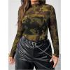 imageFloerns Womens Plus Size Leopard Print Mock Neck Mesh Long Sleeve Tee Shirt TopBlack and Yellow