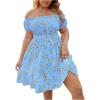 imageFloerns Womens Plus Size Ruffle Off Shoulder Floral Print Short Summer DressBlue Sky