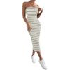 imageFloerns Womens Striped Strapless Textured Rib Tube Top Dress Split Thigh Bodycon Midi DressesGrey