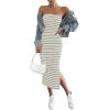 imageFloerns Womens Striped Strapless Textured Rib Tube Top Dress Split Thigh Bodycon Midi DressesGrey