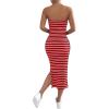 imageFloerns Womens Striped Strapless Textured Rib Tube Top Dress Split Thigh Bodycon Midi DressesRed