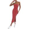 imageFloerns Womens Striped Strapless Textured Rib Tube Top Dress Split Thigh Bodycon Midi DressesRed