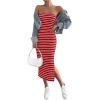 imageFloerns Womens Striped Strapless Textured Rib Tube Top Dress Split Thigh Bodycon Midi DressesRed
