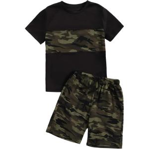 imageFloerns Boys 2 Piece Outfits Print Short Sleeve Camo Tee Shirt and Drawstring Shorts SetA Black