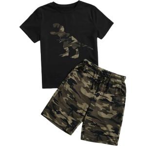 imageFloerns Boys 2 Piece Outfits Print Short Sleeve Camo Tee Shirt and Drawstring Shorts SetBlack Dinosaur