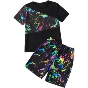imageFloerns Boys 2 Piece Outfits Print Short Sleeve Camo Tee Shirt and Drawstring Shorts SetBlack Reflective