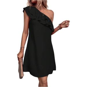 imageFloerns Womens One Shoulder Tiered Layered Sleeveless Ruffle Trim Tunic DressBlack Solid