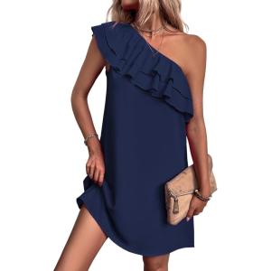 imageFloerns Womens One Shoulder Tiered Layered Sleeveless Ruffle Trim Tunic DressDeep Blue