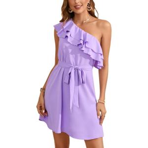 imageFloerns Womens One Shoulder Tiered Layered Sleeveless Ruffle Trim Tunic DressLilac Purple
