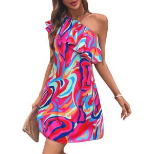 imageFloerns Womens One Shoulder Tiered Layered Sleeveless Ruffle Trim Tunic DressPink Multi