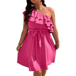 imageFloerns Womens One Shoulder Tiered Layered Sleeveless Ruffle Trim Tunic DressPink Solid