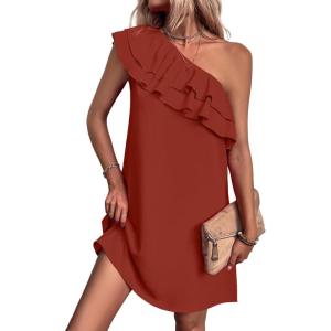 imageFloerns Womens One Shoulder Tiered Layered Sleeveless Ruffle Trim Tunic DressRust Brown
