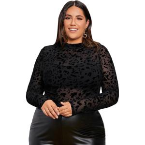 imageFloerns Womens Plus Size Leopard Print Mock Neck Mesh Long Sleeve Tee Shirt TopBlack