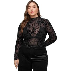 imageFloerns Womens Plus Size Leopard Print Mock Neck Mesh Long Sleeve Tee Shirt TopBlack Flower Multi
