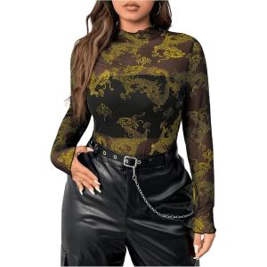 imageFloerns Womens Plus Size Leopard Print Mock Neck Mesh Long Sleeve Tee Shirt TopBlack and Yellow