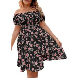 imageFloerns Womens Plus Size Ruffle Off Shoulder Floral Print Short Summer DressBlack