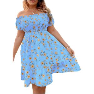 imageFloerns Womens Plus Size Ruffle Off Shoulder Floral Print Short Summer DressBlue Sky