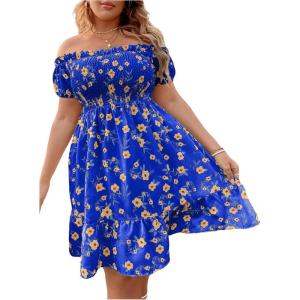 imageFloerns Womens Plus Size Ruffle Off Shoulder Floral Print Short Summer DressRoyal Blue