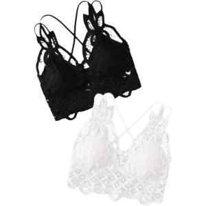 imageFloerns Womens Sexy Lace V Neck Criss Cross Back Bralette Crop TopBlack White