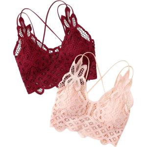 imageFloerns Womens Sexy Lace V Neck Criss Cross Back Bralette Crop TopPink Red