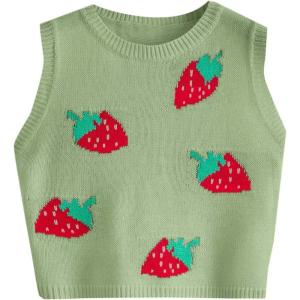 imageFloerns Womens Sleeveless Round Neck Cute Strawberry Sweater Vest Crop Shirt TopMint Green