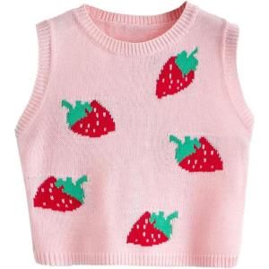 imageFloerns Womens Sleeveless Round Neck Cute Strawberry Sweater Vest Crop Shirt TopPink