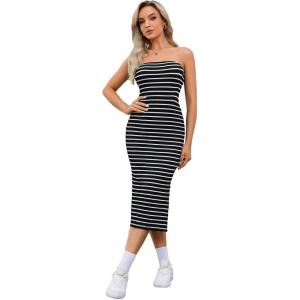 imageFloerns Womens Striped Strapless Textured Rib Tube Top Dress Split Thigh Bodycon Midi DressesBlack