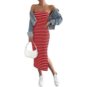 imageFloerns Womens Striped Strapless Textured Rib Tube Top Dress Split Thigh Bodycon Midi DressesRed