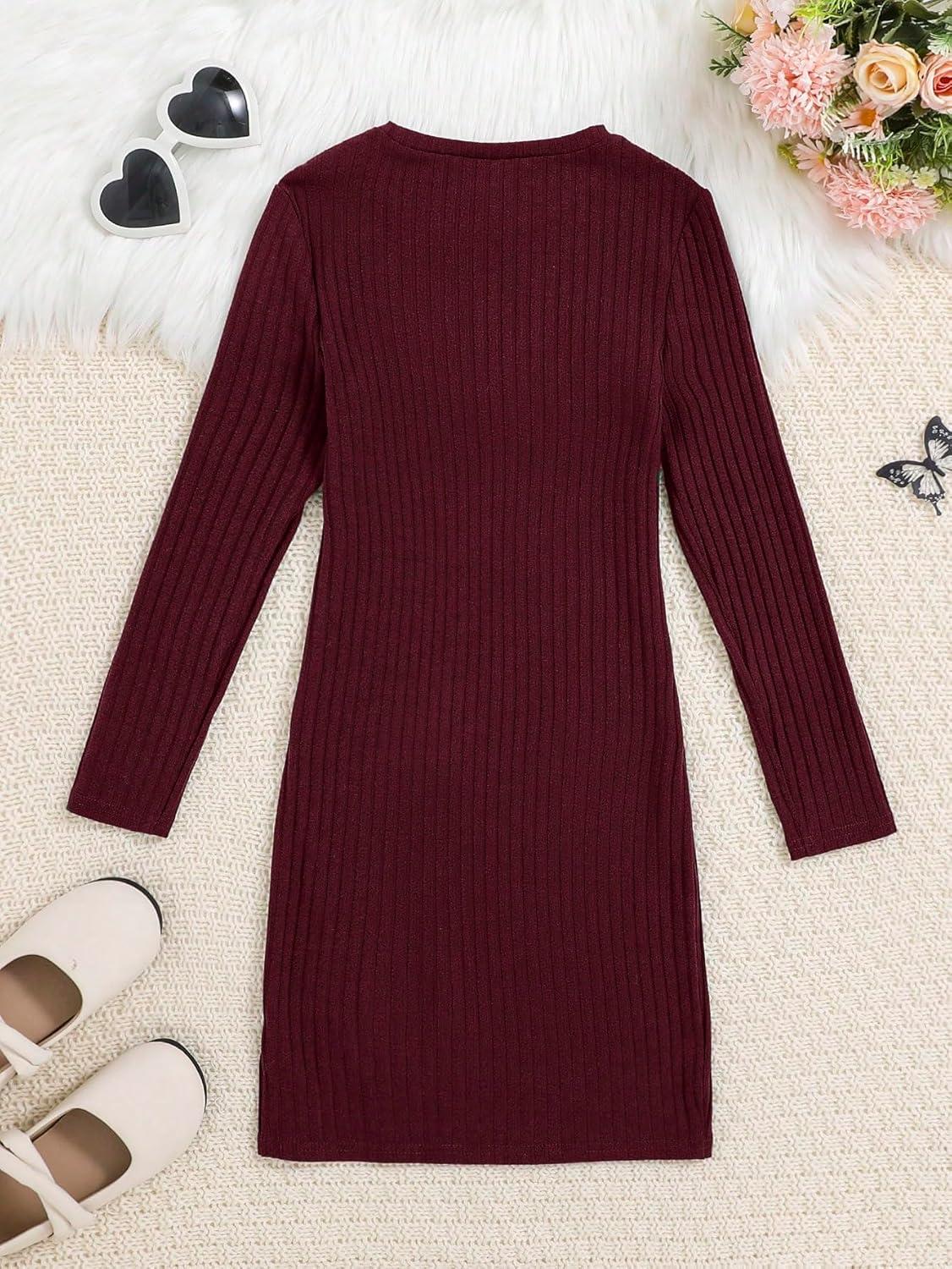 imageFloerns Girls Long Sleeve Mock Neck Rib Knit Fitted Pencil DressBurgundy