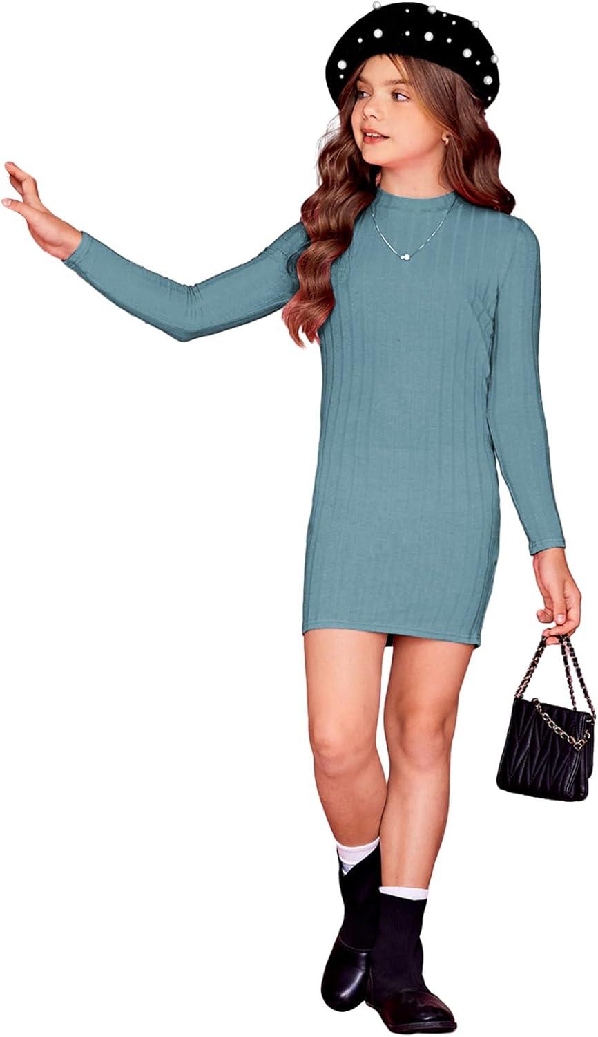 imageFloerns Girls Long Sleeve Mock Neck Rib Knit Fitted Pencil DressDusty Blue