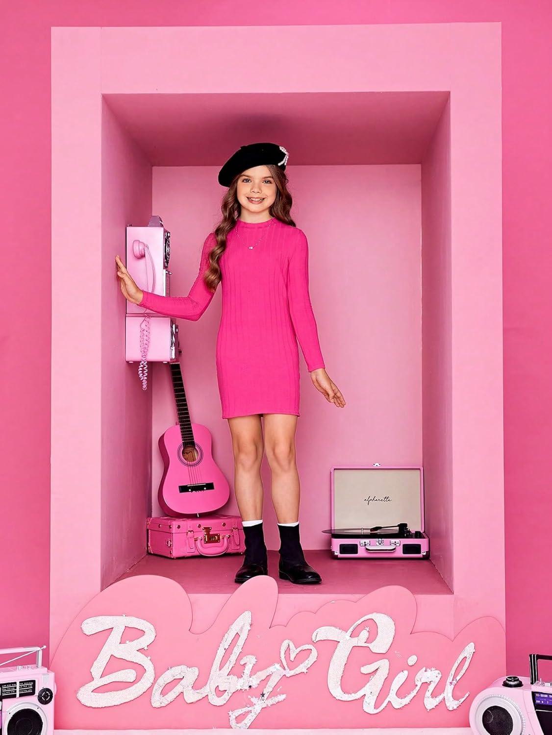 imageFloerns Girls Long Sleeve Mock Neck Rib Knit Fitted Pencil DressHot Pink