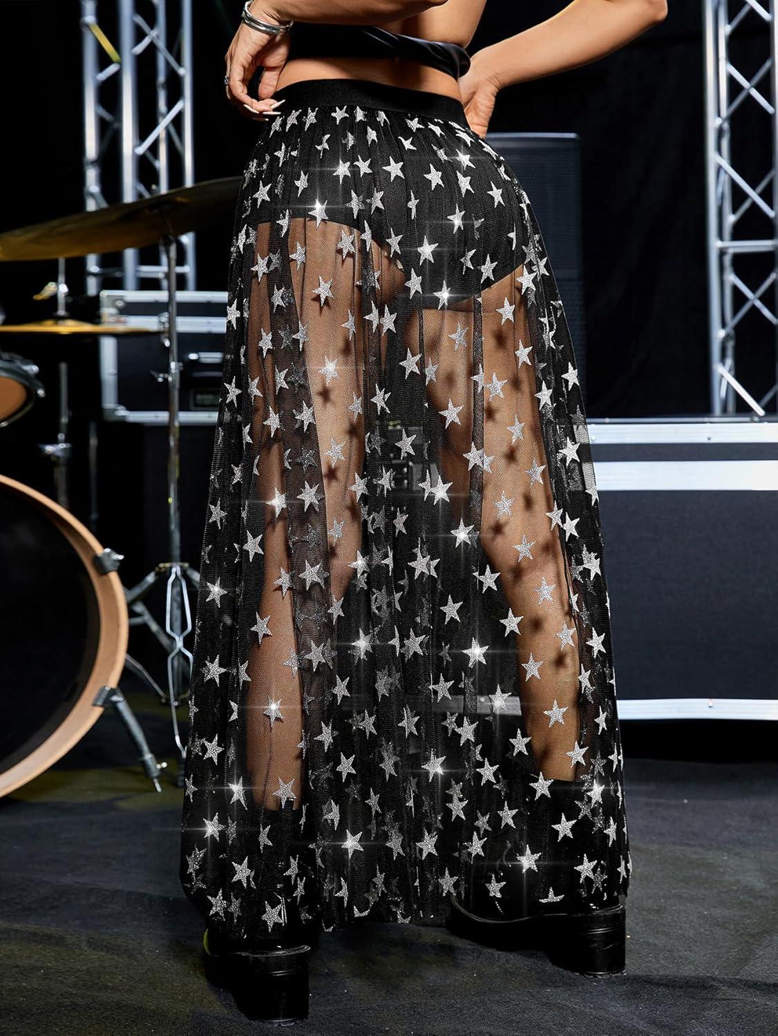 imageFloerns Womens 2 in 1 Lace Sheer Mesh High Waist Galaxy Print A Line Maxi SkirtBlack Star