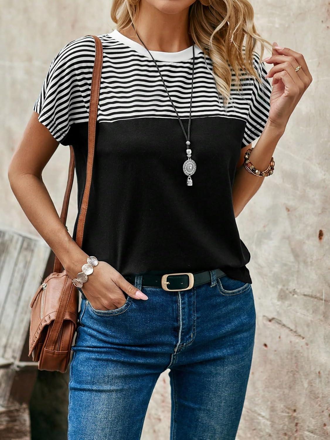 imageFloerns Womens Casual Striped Crew Neck Short Sleeve T Shirts Tee TopsBlack Ink White