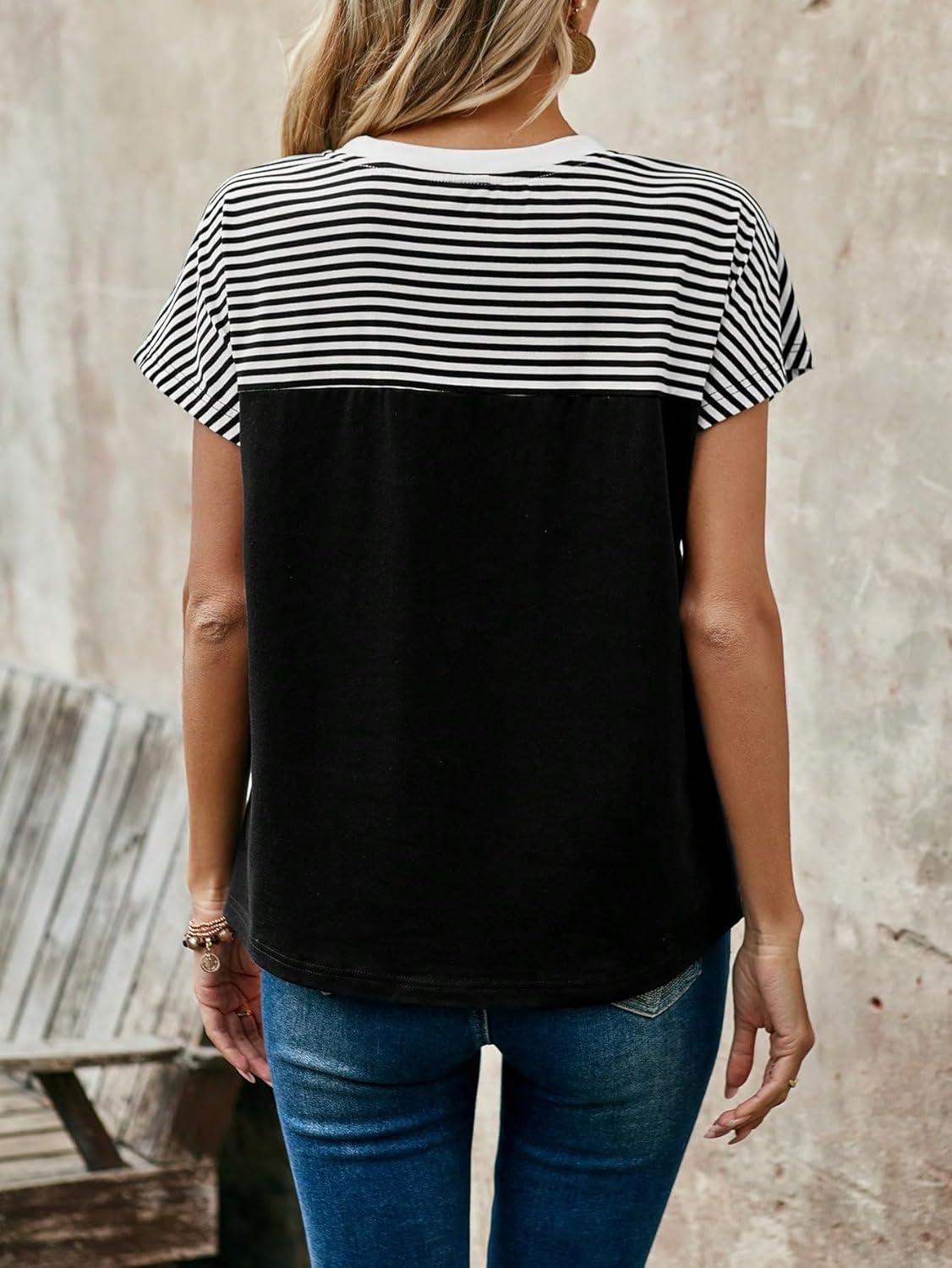 imageFloerns Womens Casual Striped Crew Neck Short Sleeve T Shirts Tee TopsBlack Ink White