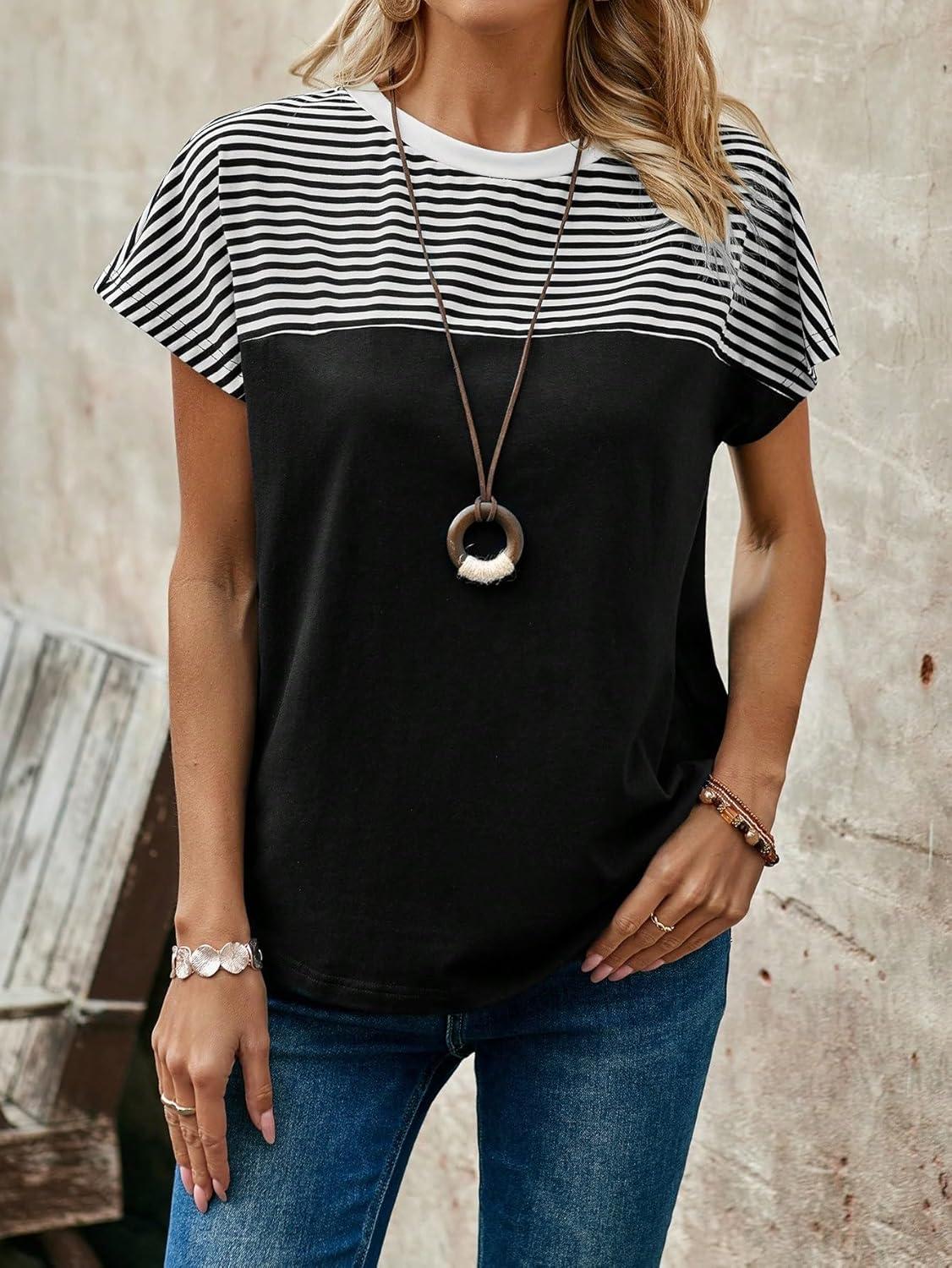 imageFloerns Womens Casual Striped Crew Neck Short Sleeve T Shirts Tee TopsBlack Ink White