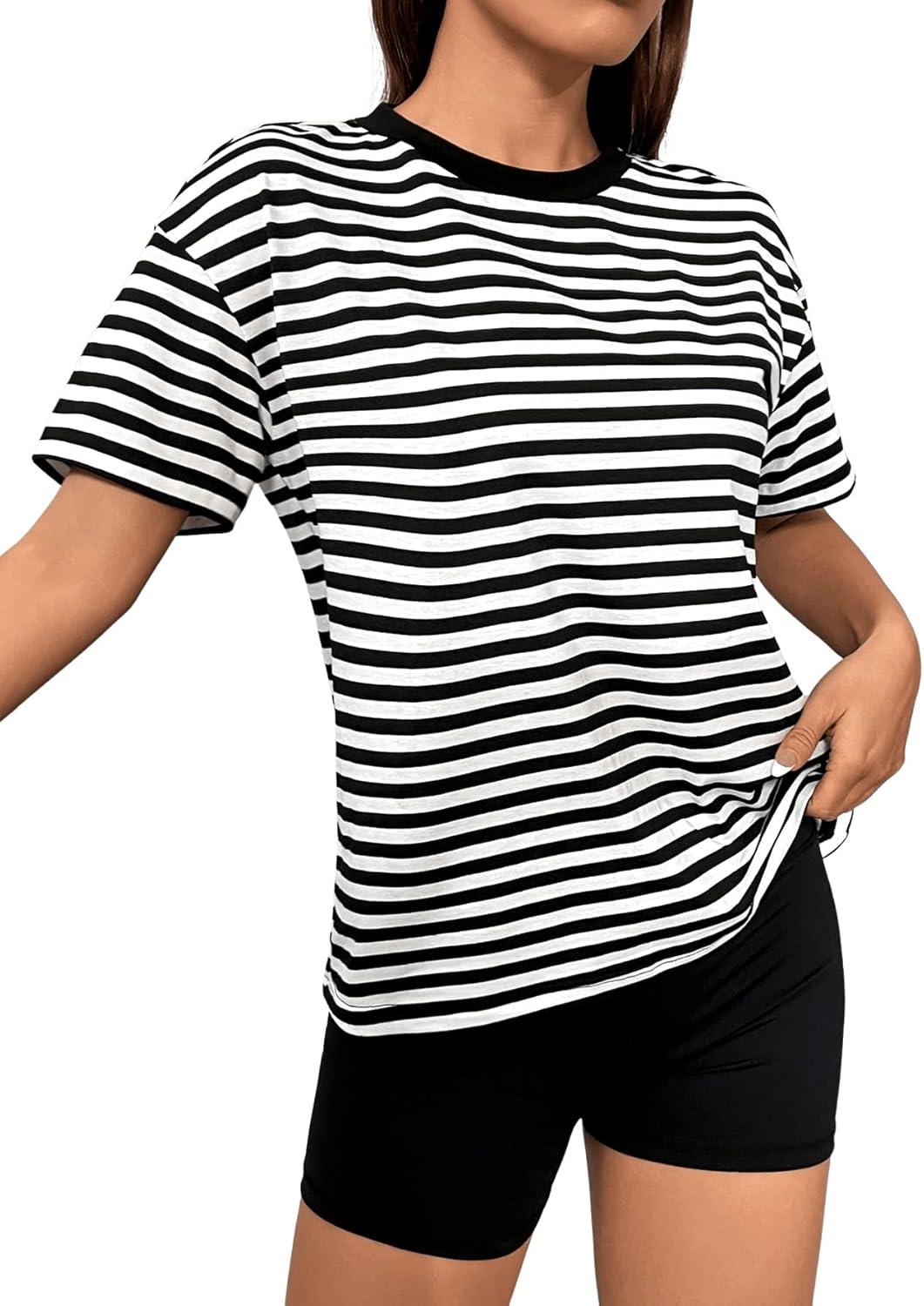 imageFloerns Womens Casual Striped Crew Neck Short Sleeve T Shirts Tee TopsBlack White Multi