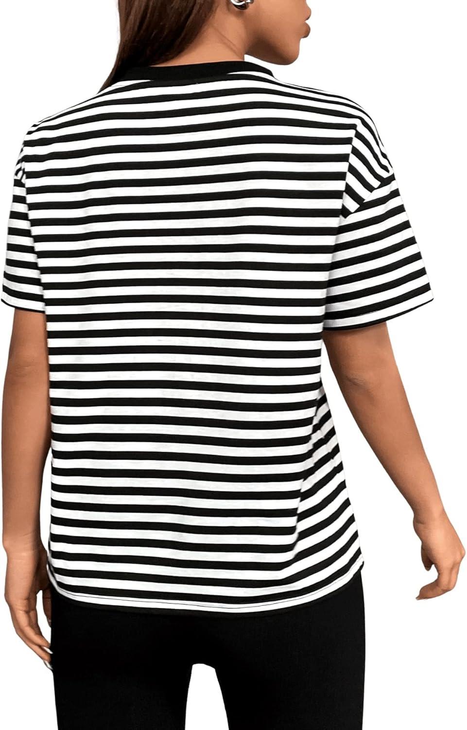 imageFloerns Womens Casual Striped Crew Neck Short Sleeve T Shirts Tee TopsBlack White Multi