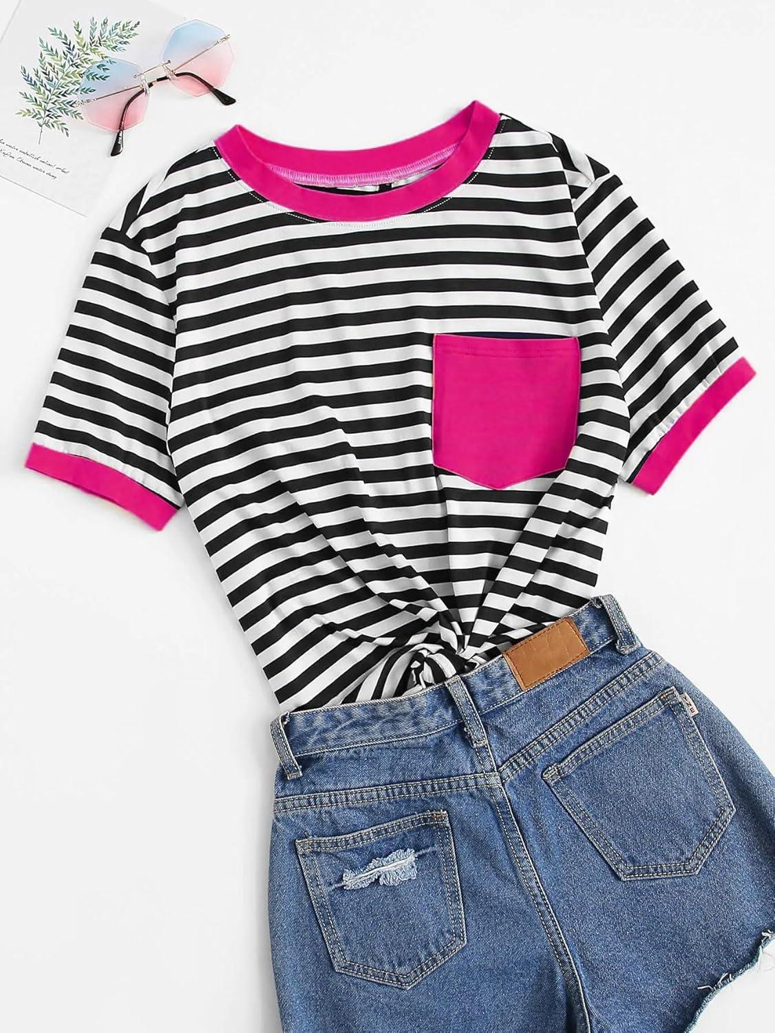 imageFloerns Womens Casual Striped Crew Neck Short Sleeve T Shirts Tee TopsBlack White Pink Multi
